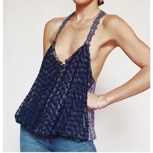 FREE PEOPLE Women’s Navy Lace Floral Sequin Trim Bubble Hem Boho Top